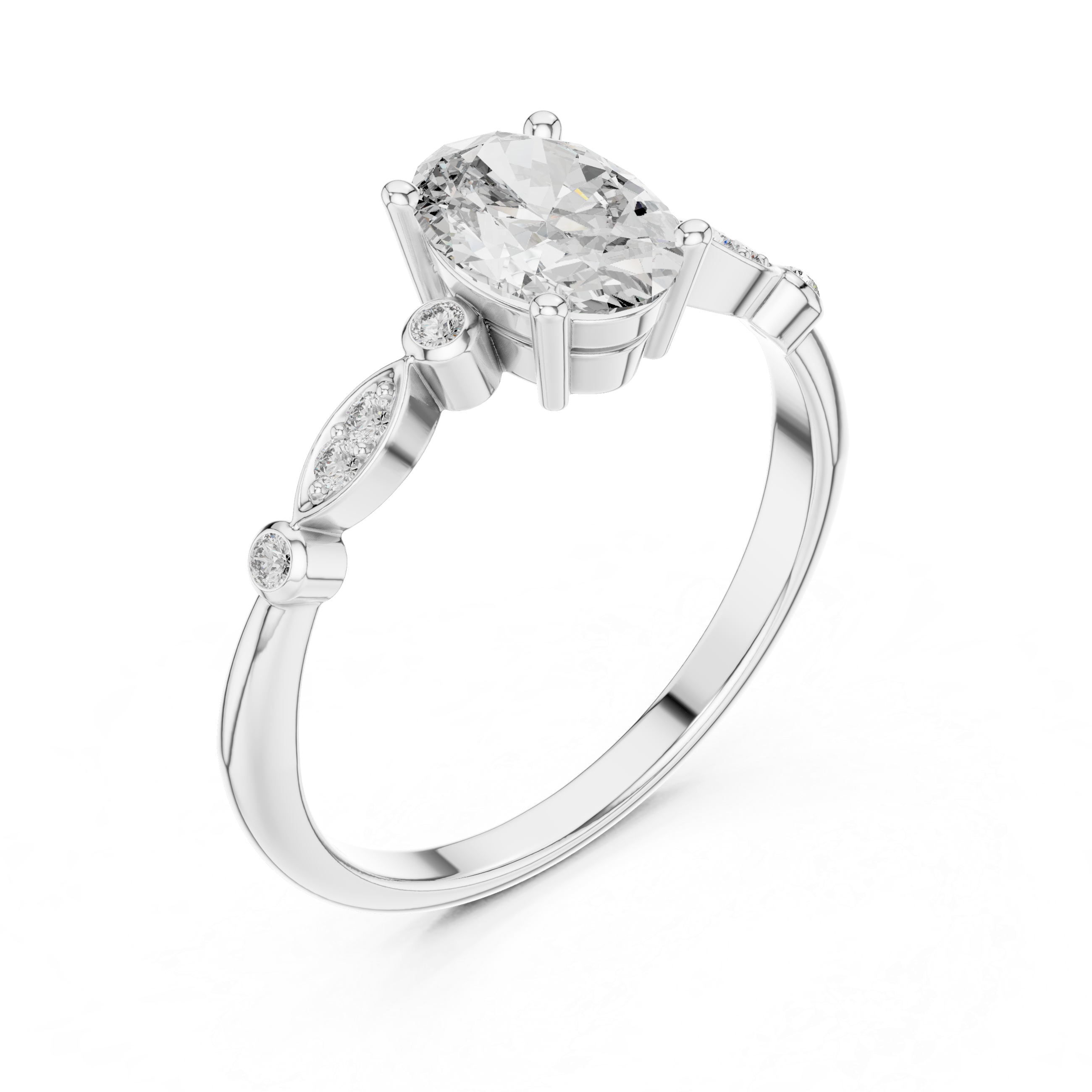 Oval Cut Lab-Grown Diamond Marquise Side-Stone Ring in Sterling Silver
