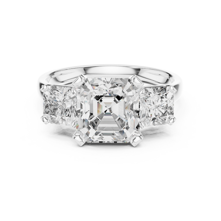 Radiant Trio: Asscher-Cut Lab-Grown Diamond Three-Stone Ring in Sterling Silver