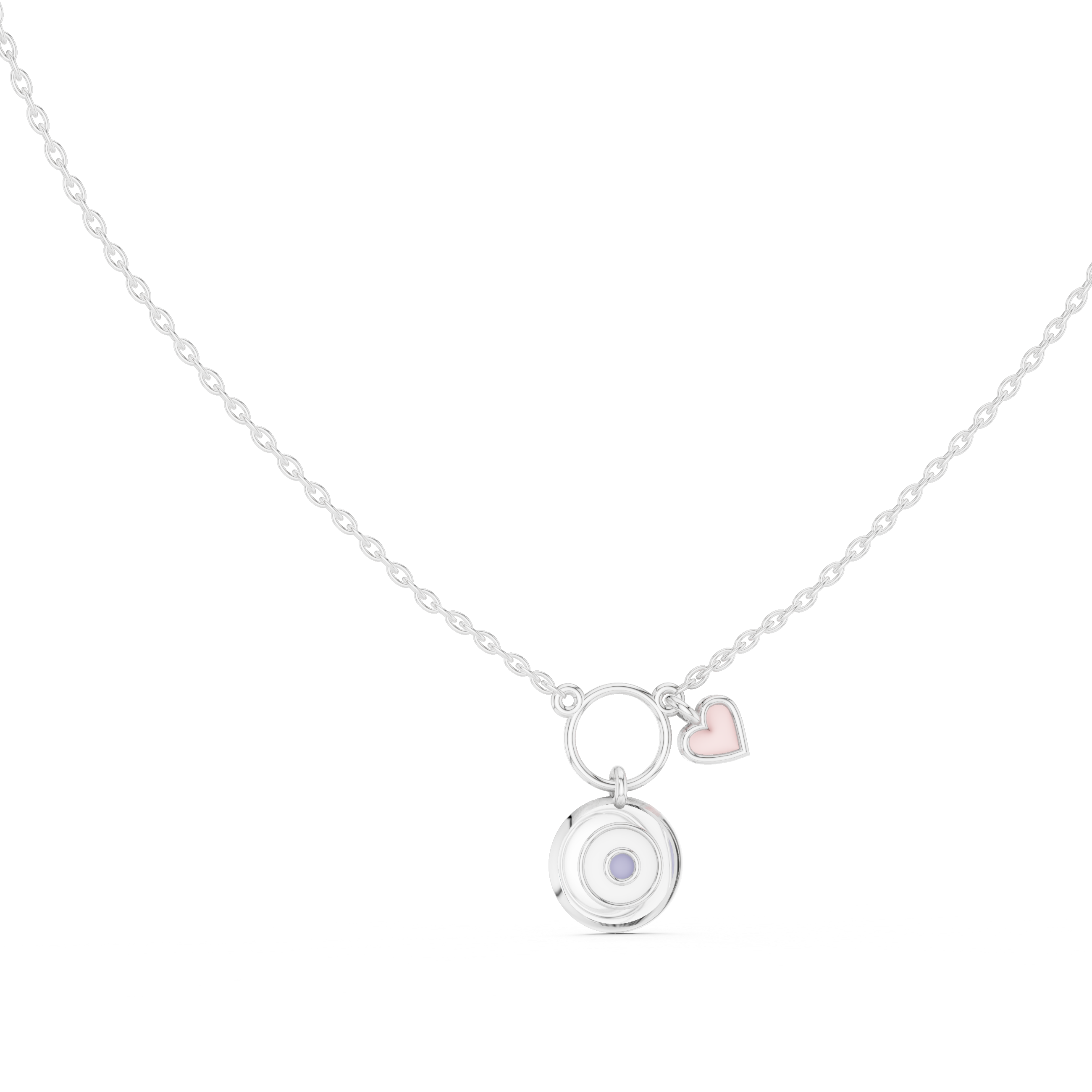 Lab-Grown Diamond Circular Evil Eye Pendant with Pink Heart Charm in Sterling Silver
