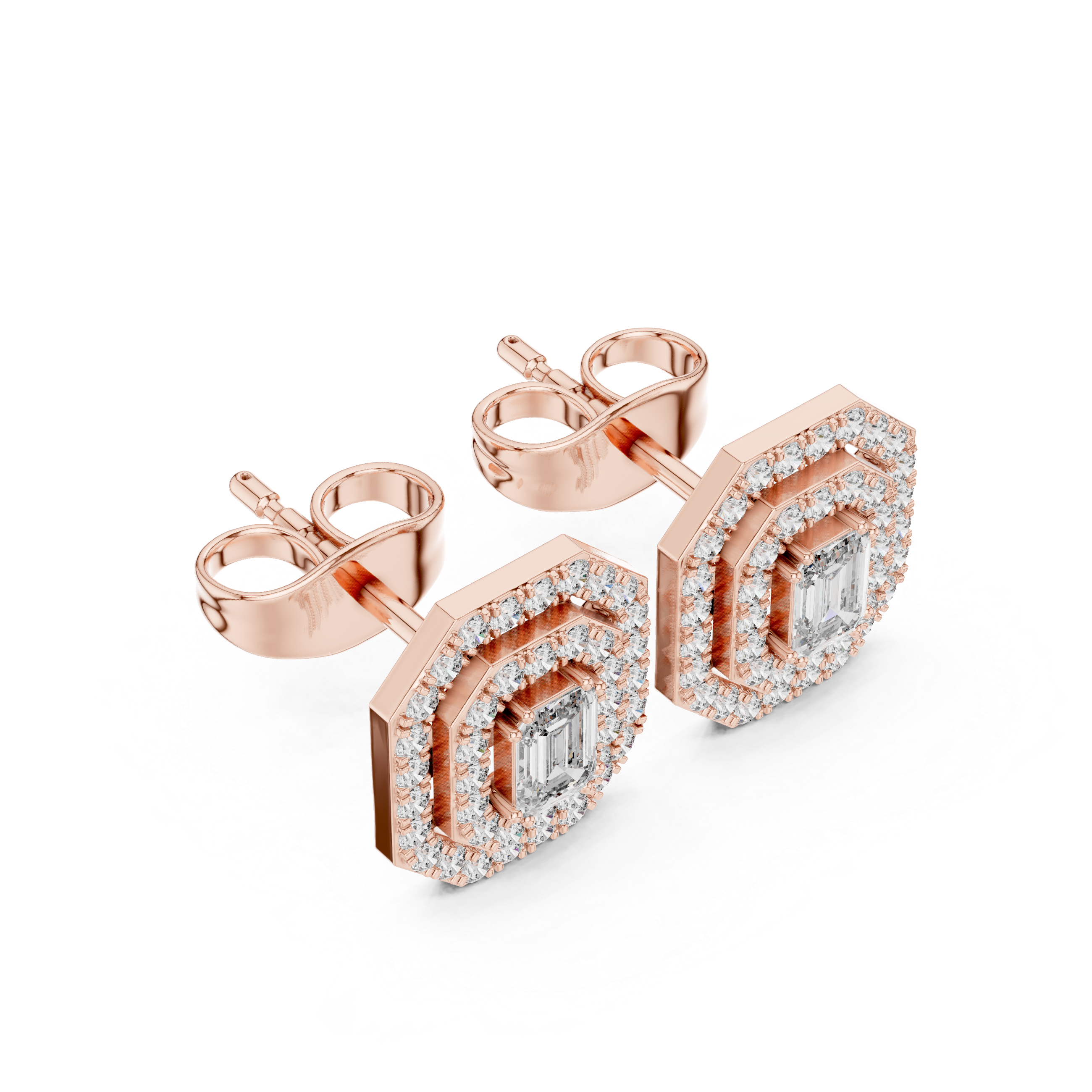 Emerald-Cut Lab-Grown Diamond Double Halo Studs in Sterling Silver