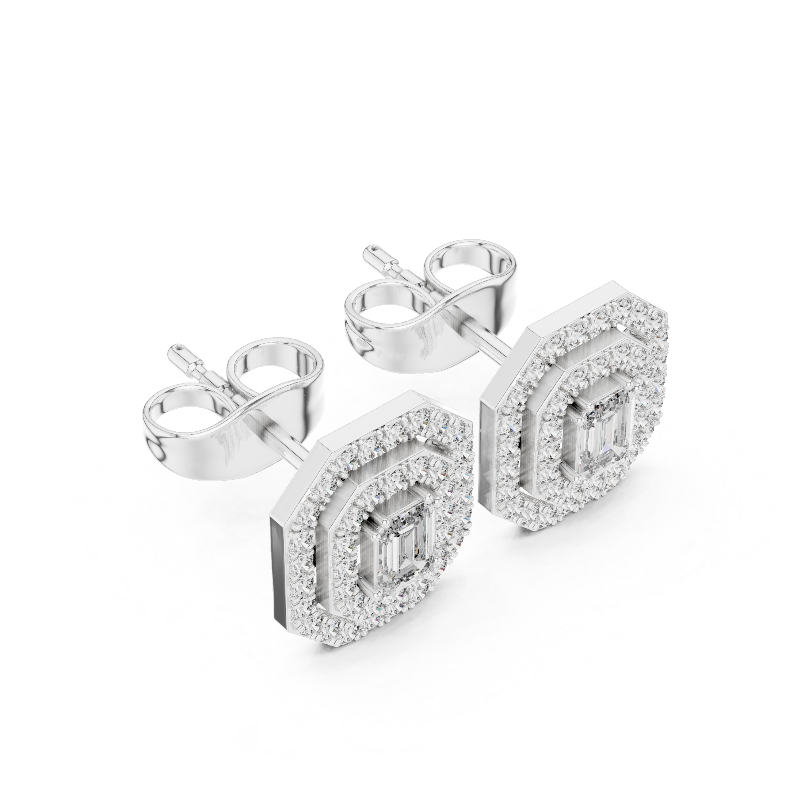 Emerald-Cut Lab-Grown Diamond Double Halo Studs in Sterling Silver