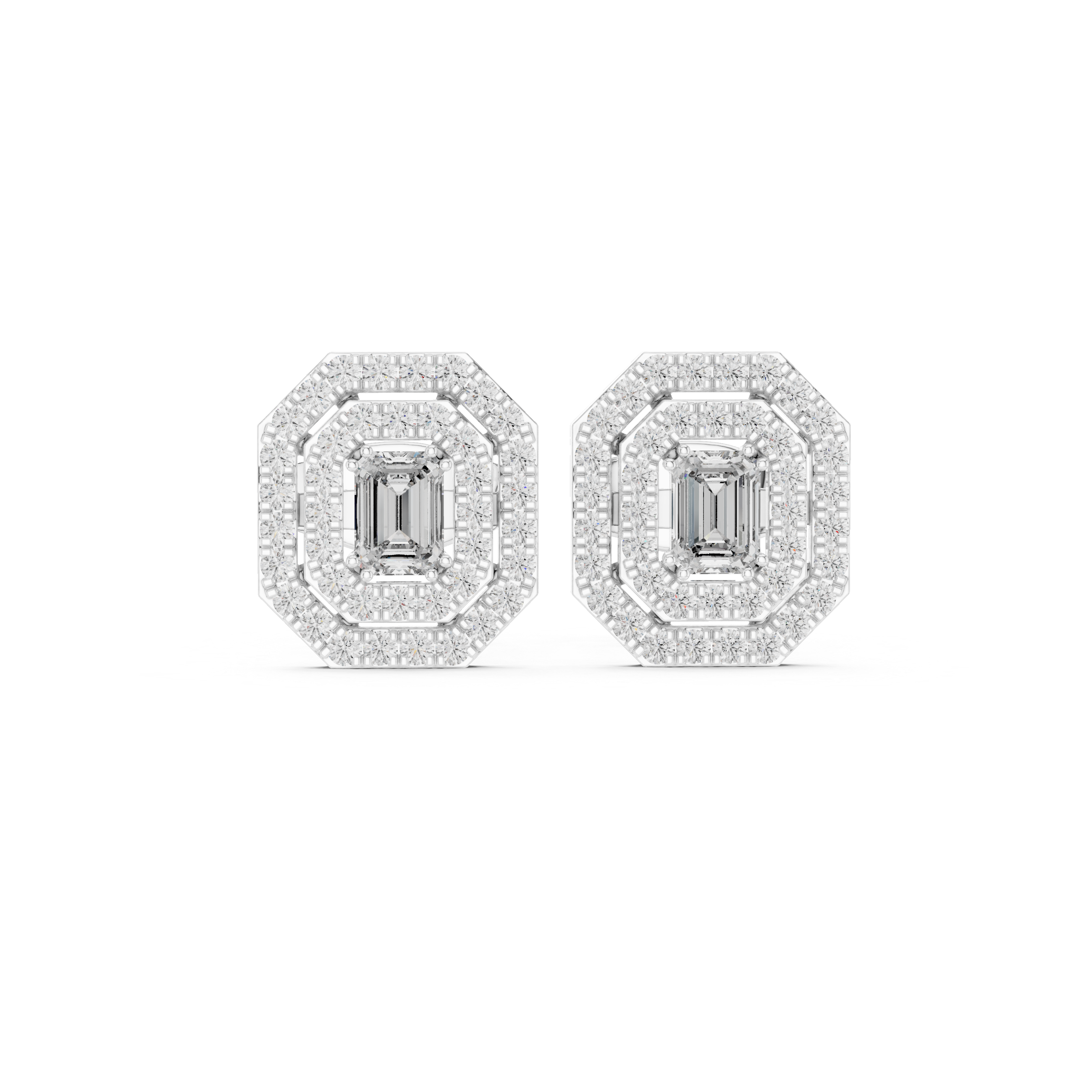 Emerald-Cut Lab-Grown Diamond Double Halo Studs in Sterling Silver