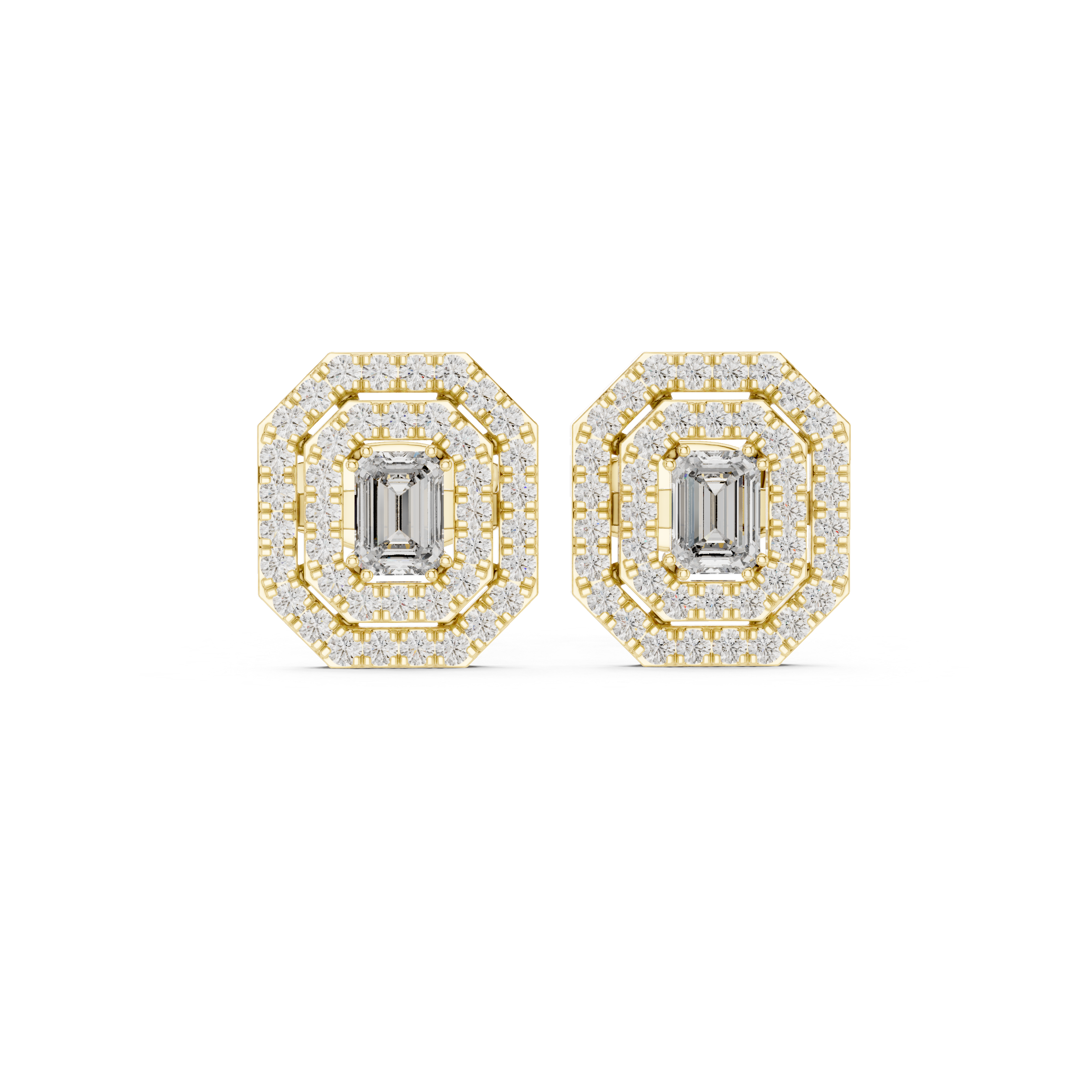 Emerald-Cut Lab-Grown Diamond Double Halo Studs in Sterling Silver