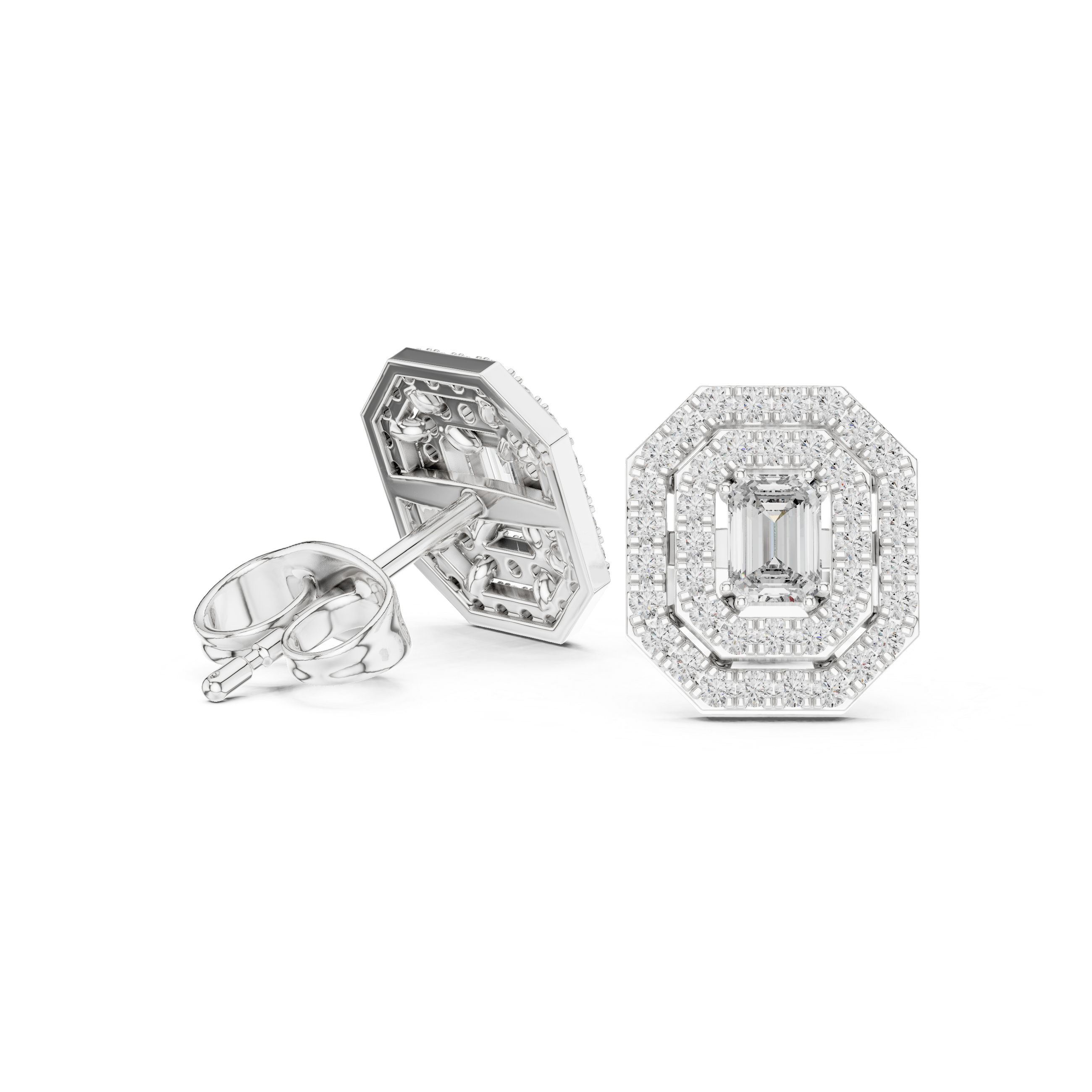 Emerald-Cut Lab-Grown Diamond Double Halo Studs in Sterling Silver