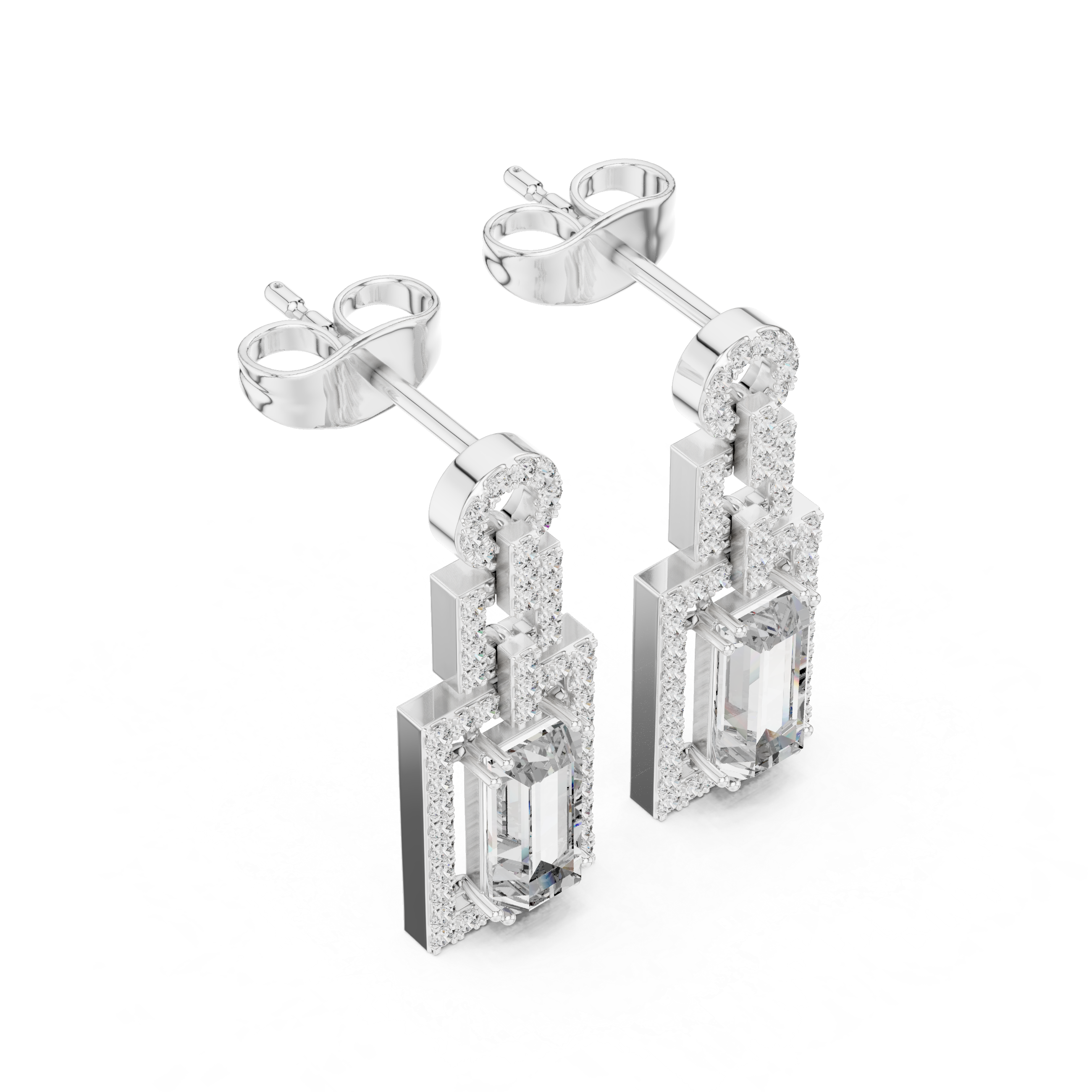 Emerald-Cut Lab-Grown Diamond Geometric Drop Earrings in Sterling Silver