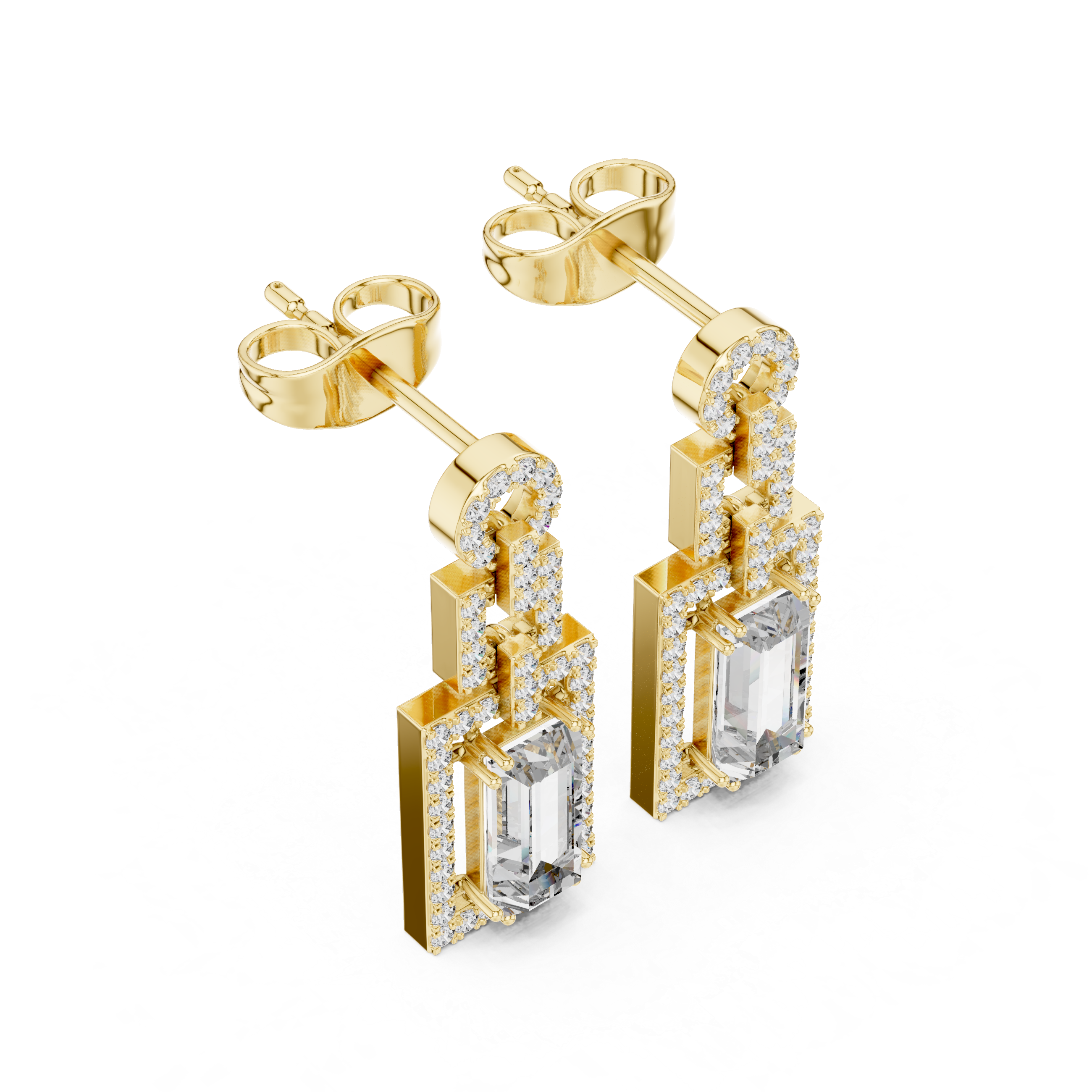 Emerald-Cut Lab-Grown Diamond Geometric Drop Earrings in Sterling Silver