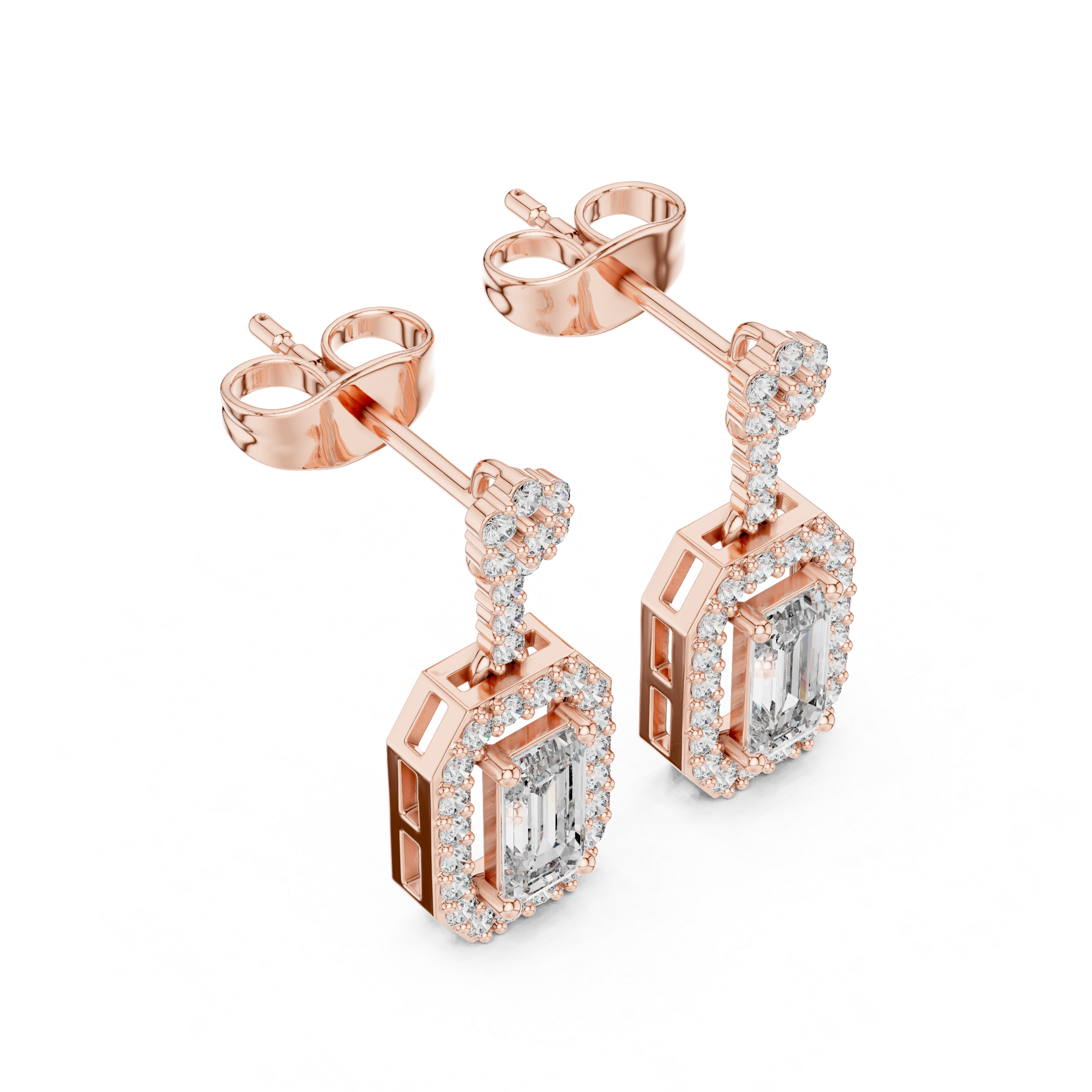 Emerald-Cut Lab-Grown Diamond Halo Drop Earrings in Sterling Silver