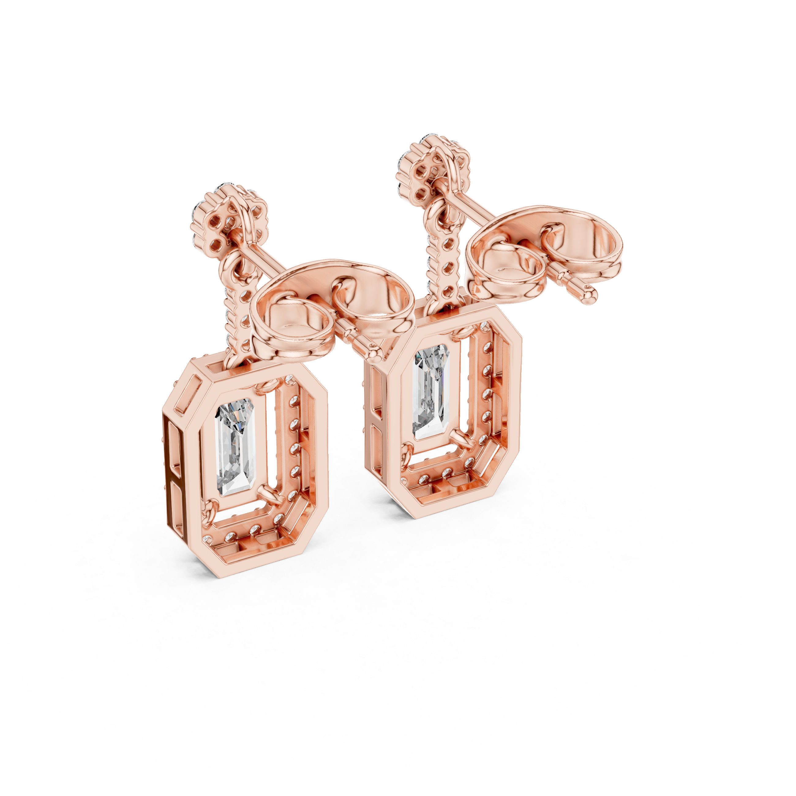 Emerald-Cut Lab-Grown Diamond Halo Drop Earrings in Sterling Silver