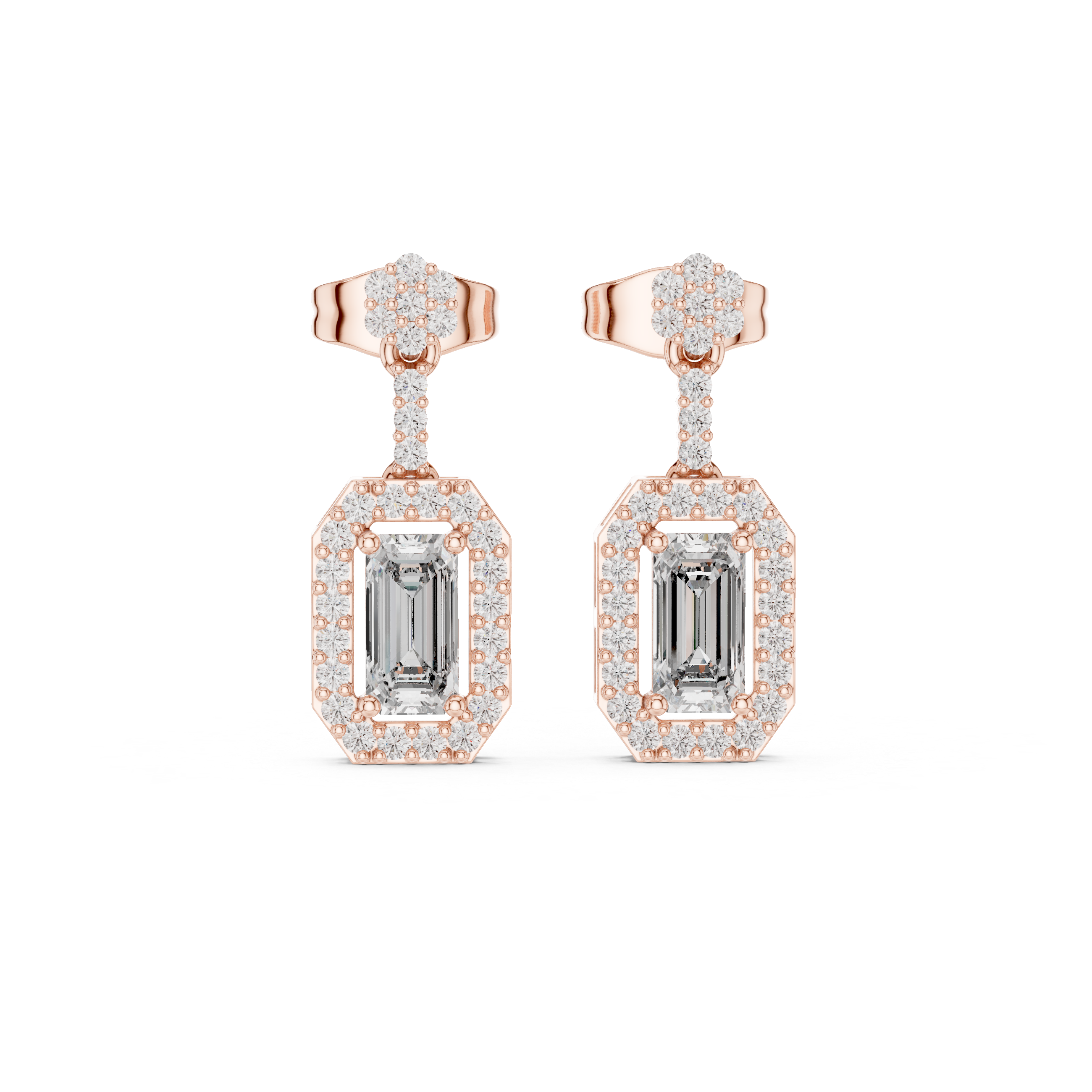 Emerald-Cut Lab-Grown Diamond Halo Drop Earrings in Sterling Silver