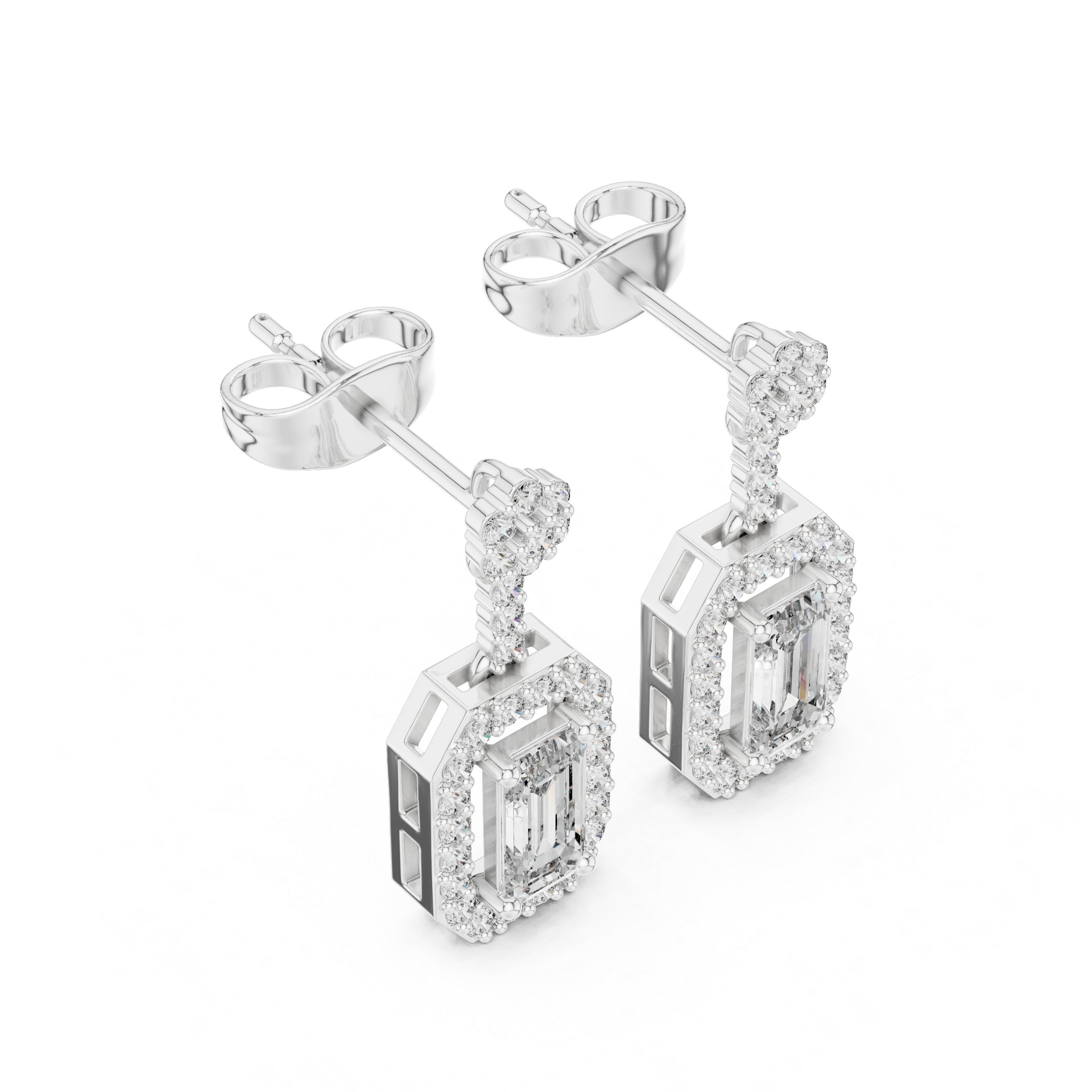 Emerald-Cut Lab-Grown Diamond Halo Drop Earrings in Sterling Silver