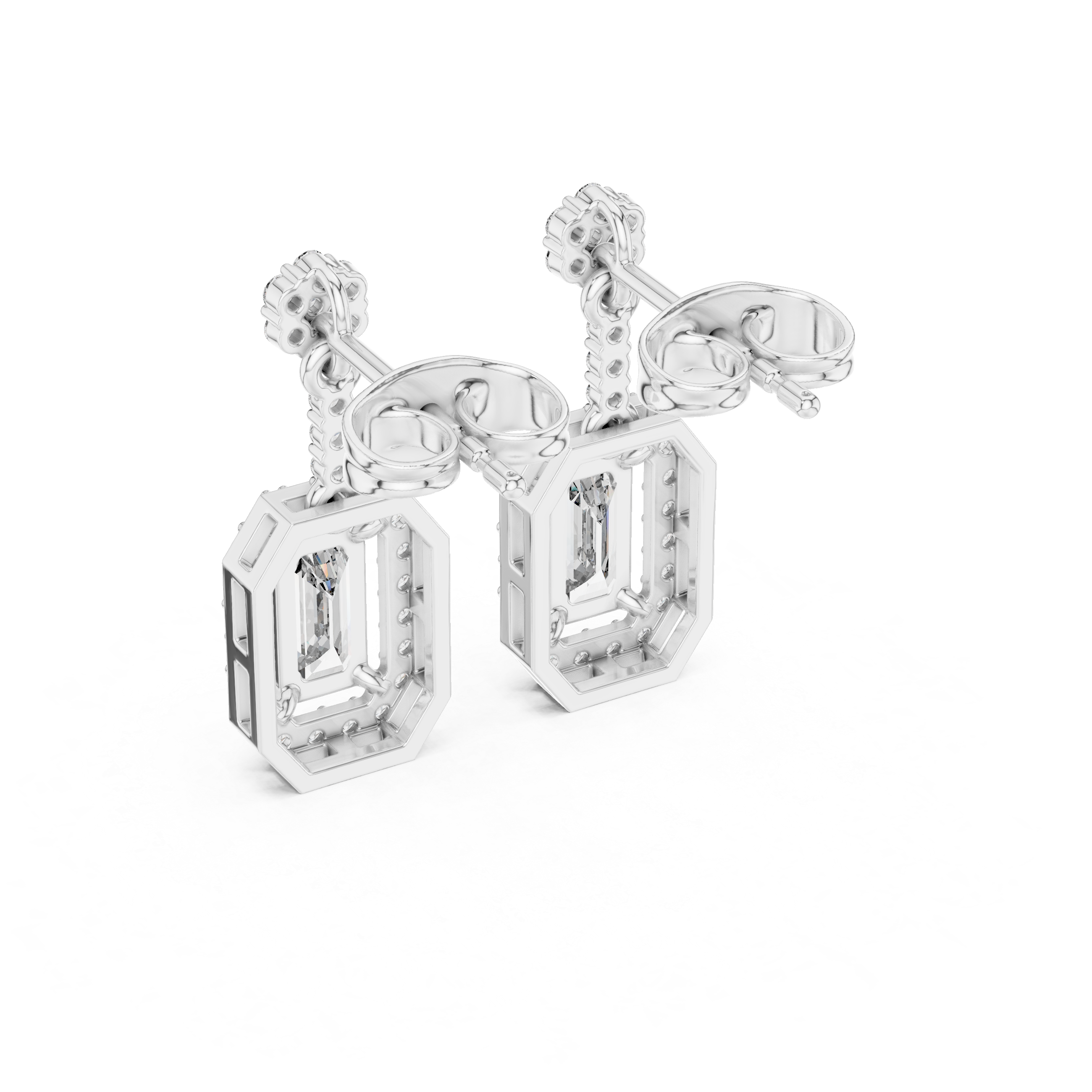 Emerald-Cut Lab-Grown Diamond Halo Drop Earrings in Sterling Silver