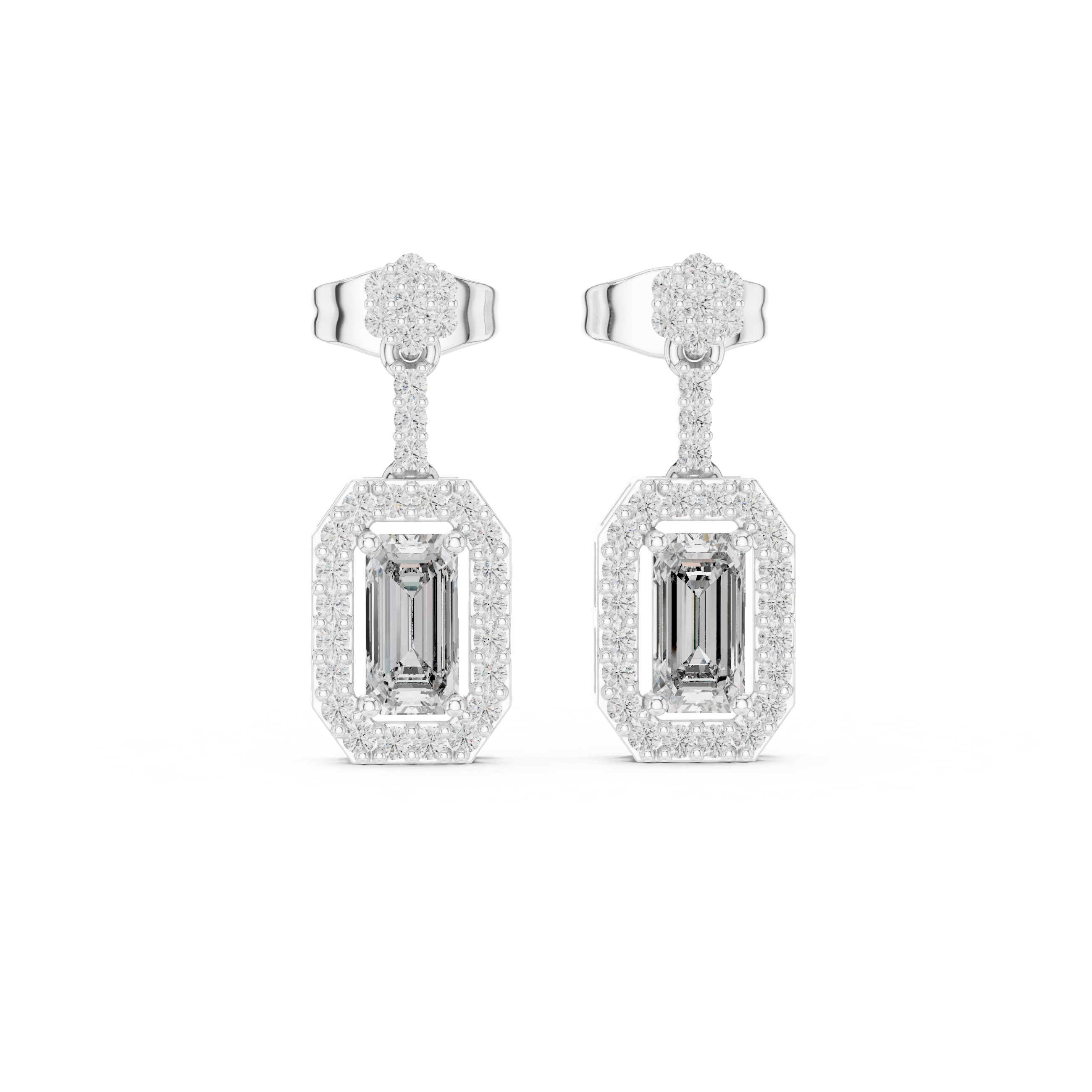 Emerald-Cut Lab-Grown Diamond Halo Drop Earrings in Sterling Silver
