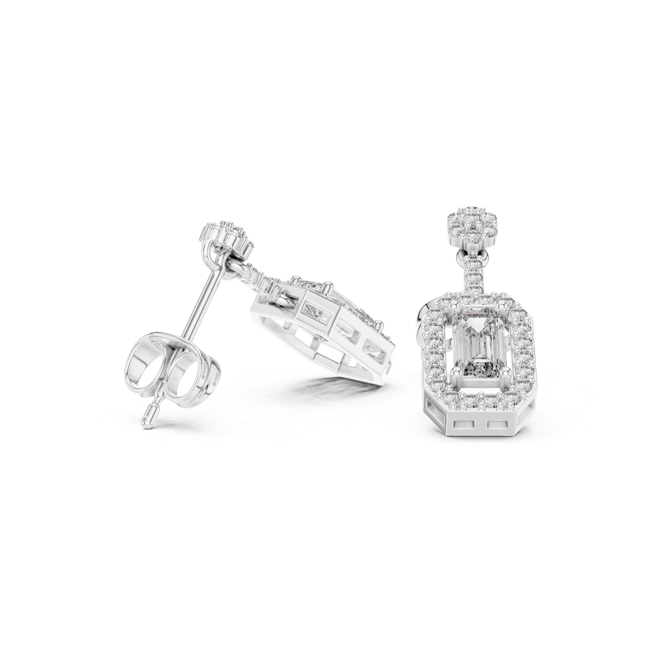 Emerald-Cut Lab-Grown Diamond Halo Drop Earrings in Sterling Silver