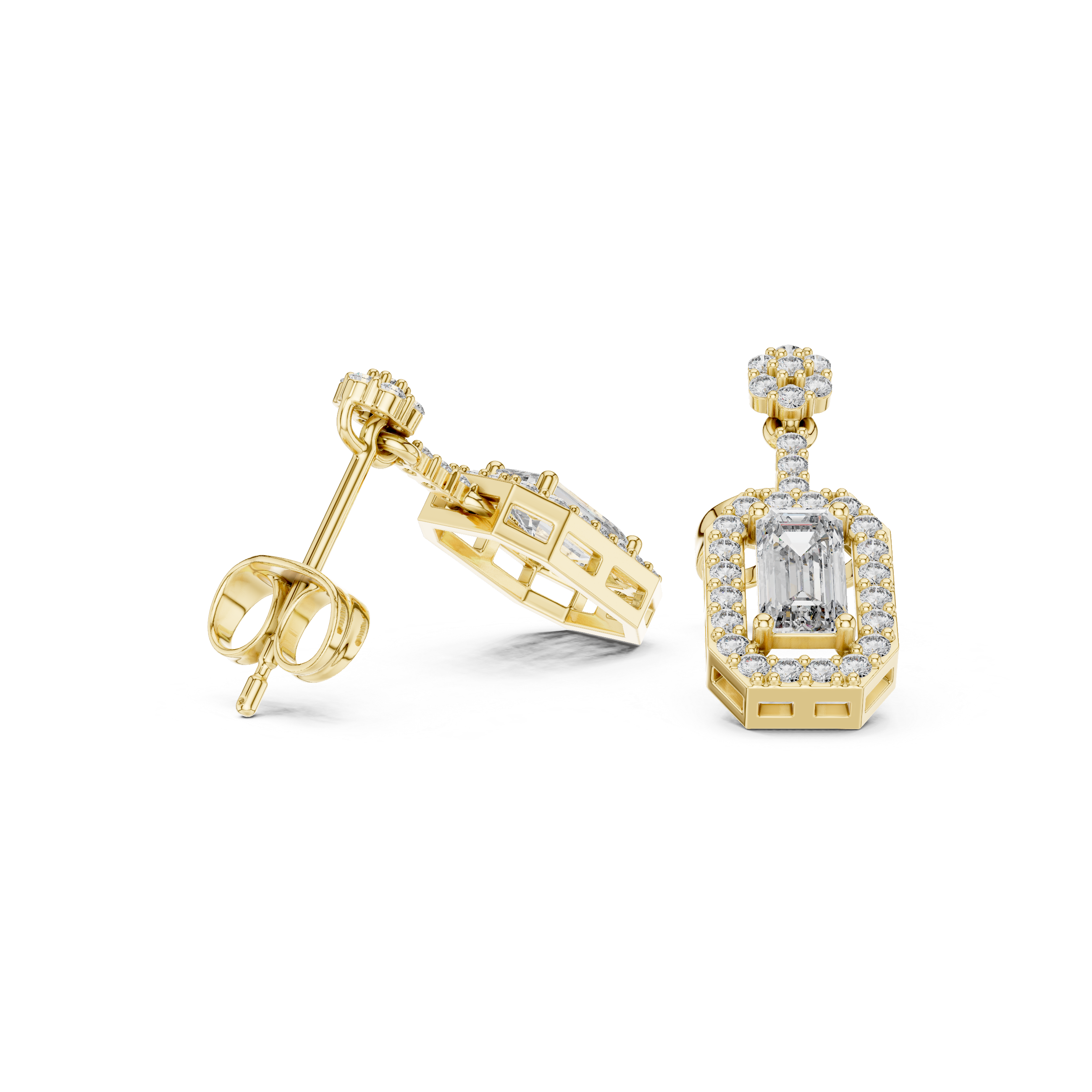 Emerald-Cut Lab-Grown Diamond Halo Drop Earrings in Sterling Silver