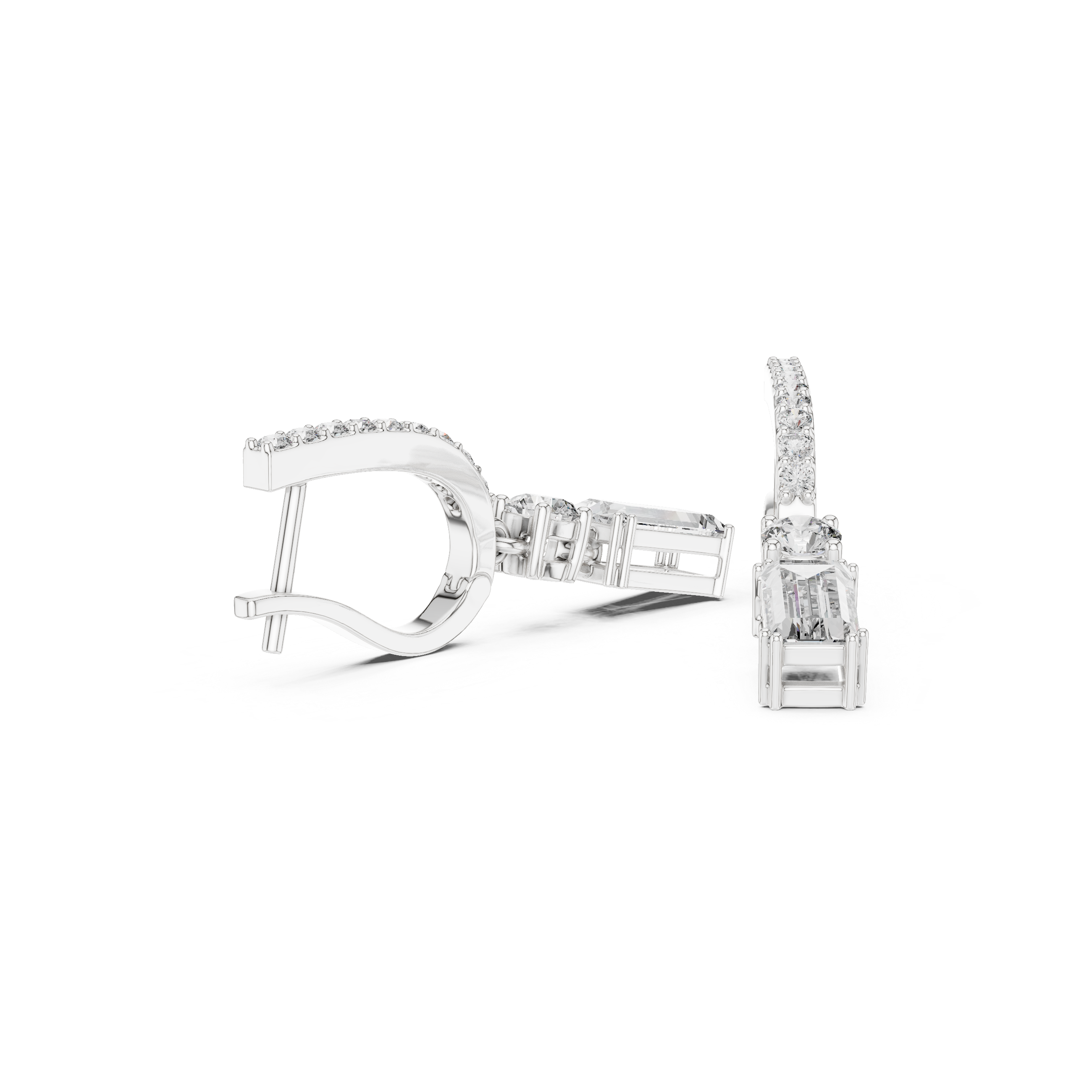 Emerald & Round Lab-Grown Diamond Drop Hoop Earrings in Sterling Silver