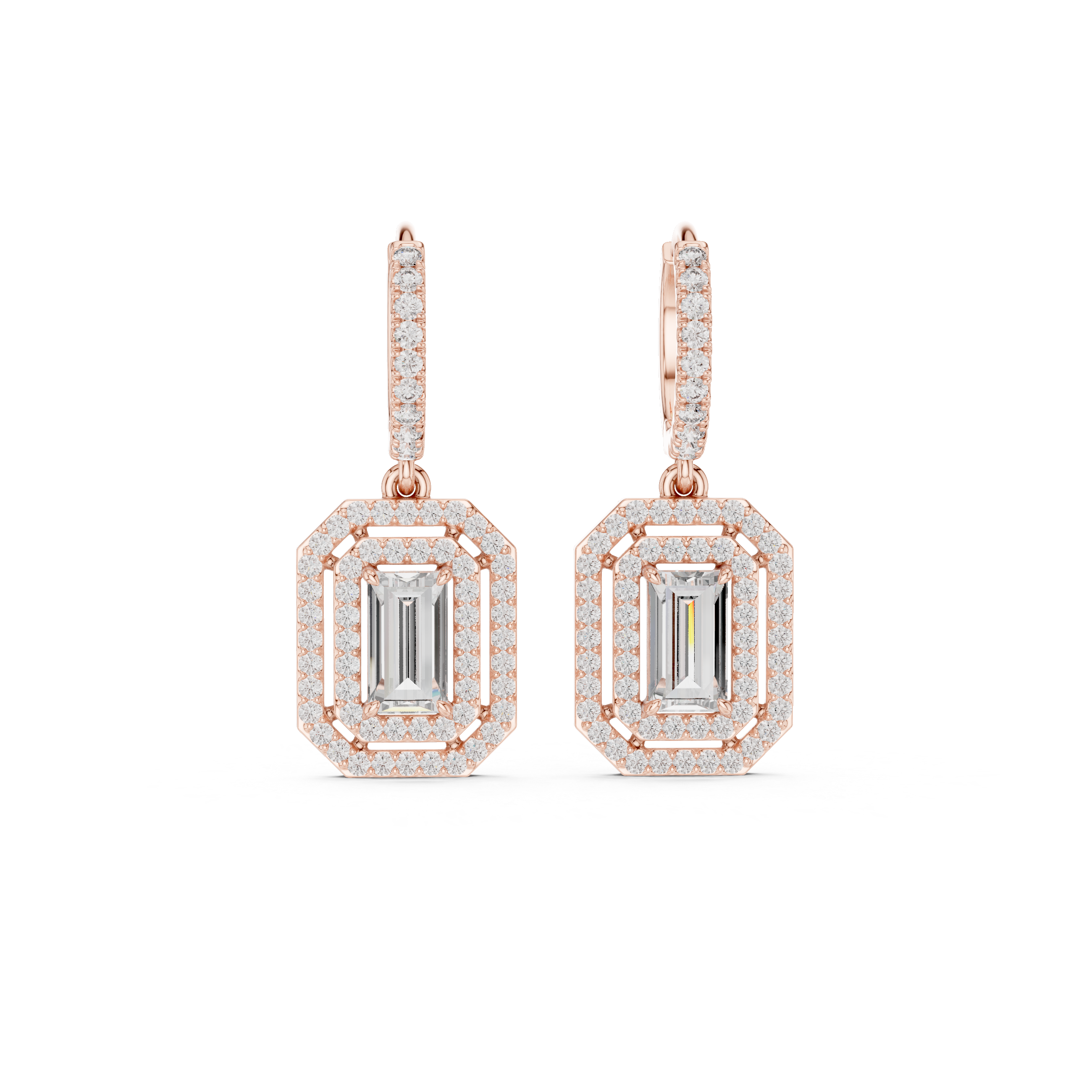 Art Deco Emerald-Cut Lab-Grown Diamond Octagon Geometric Drop Earrings in Sterling Silver