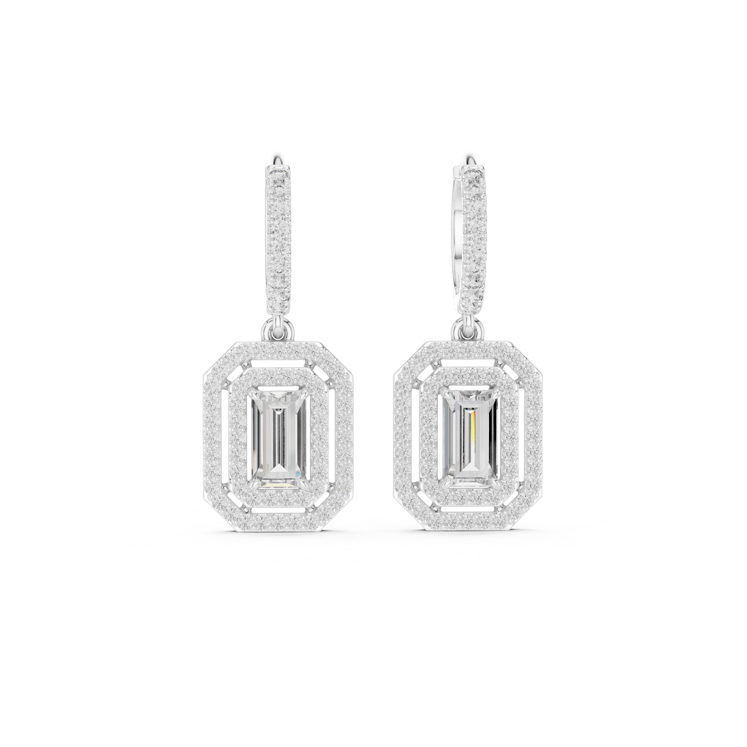 Art Deco Emerald-Cut Lab-Grown Diamond Octagon Geometric Drop Earrings in Sterling Silver