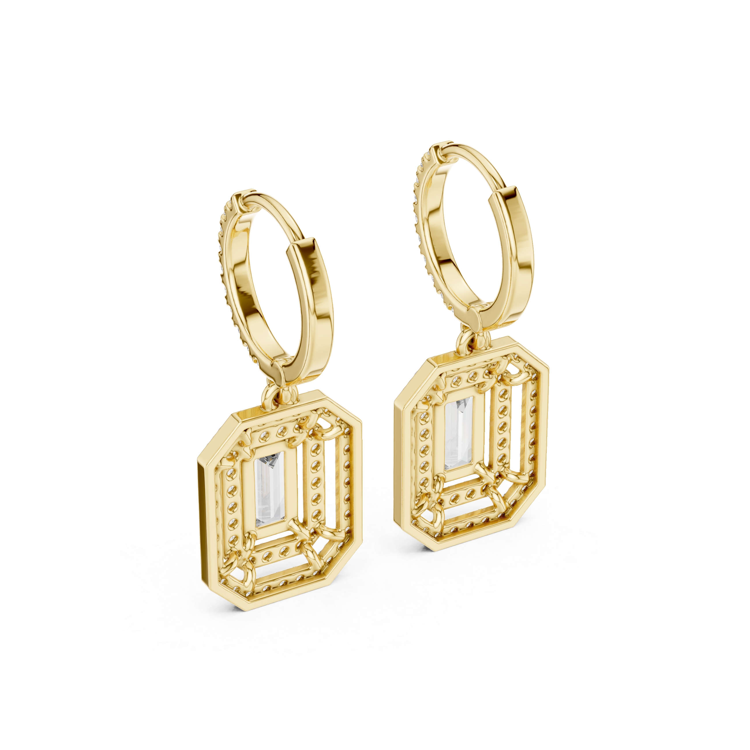Art Deco Emerald-Cut Lab-Grown Diamond Octagon Geometric Drop Earrings in Sterling Silver