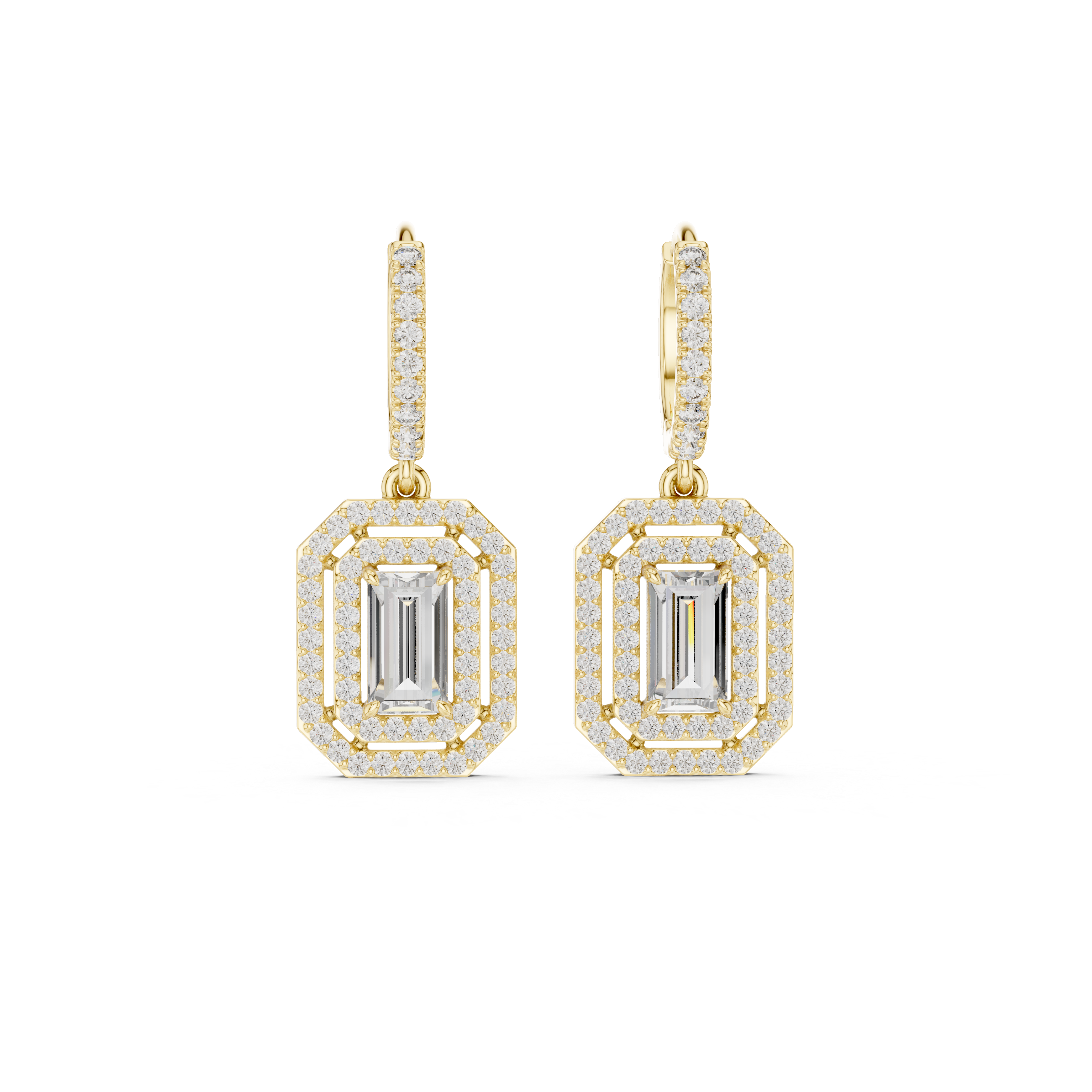 Art Deco Emerald-Cut Lab-Grown Diamond Octagon Geometric Drop Earrings in Sterling Silver