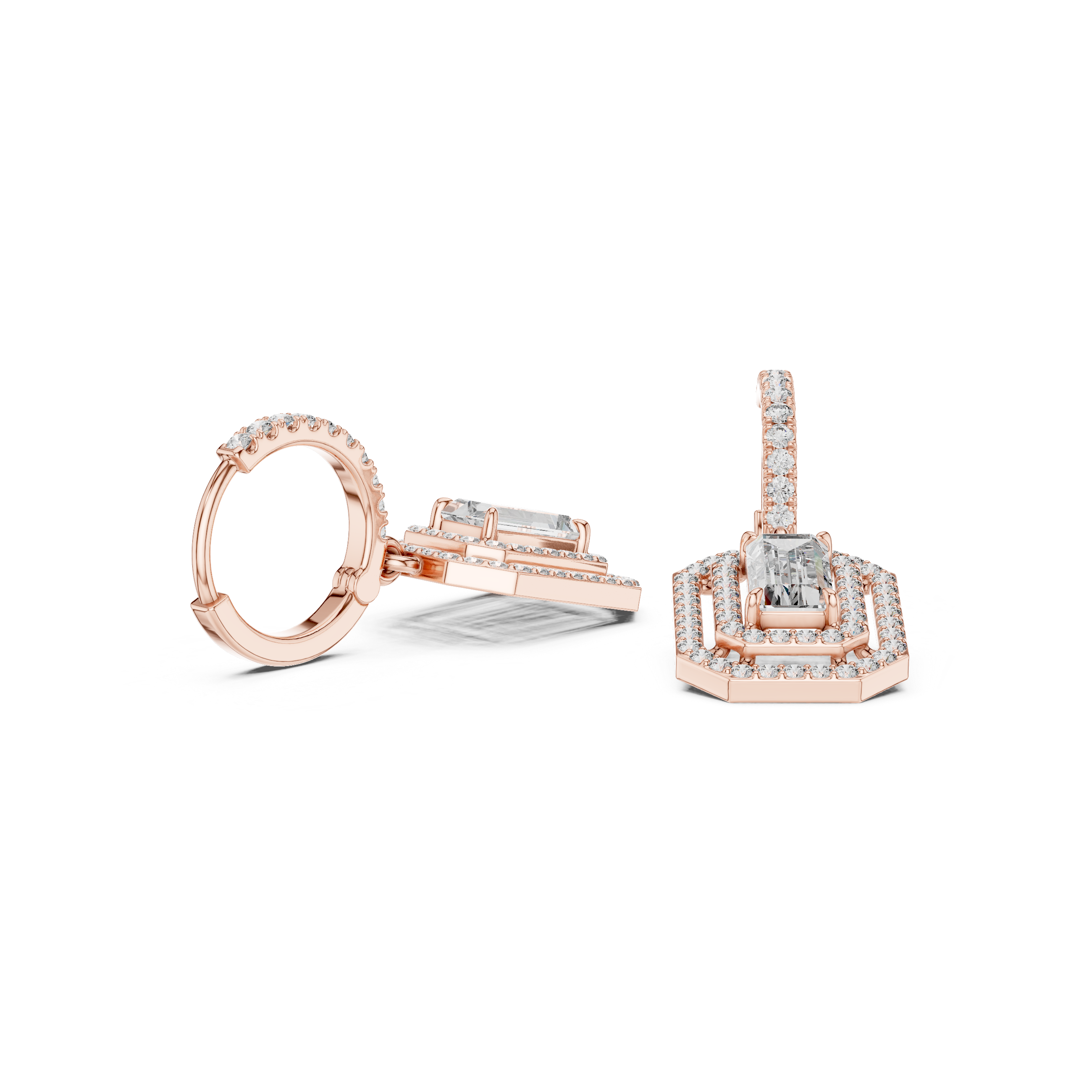 Art Deco Emerald-Cut Lab-Grown Diamond Octagon Geometric Drop Earrings in Sterling Silver