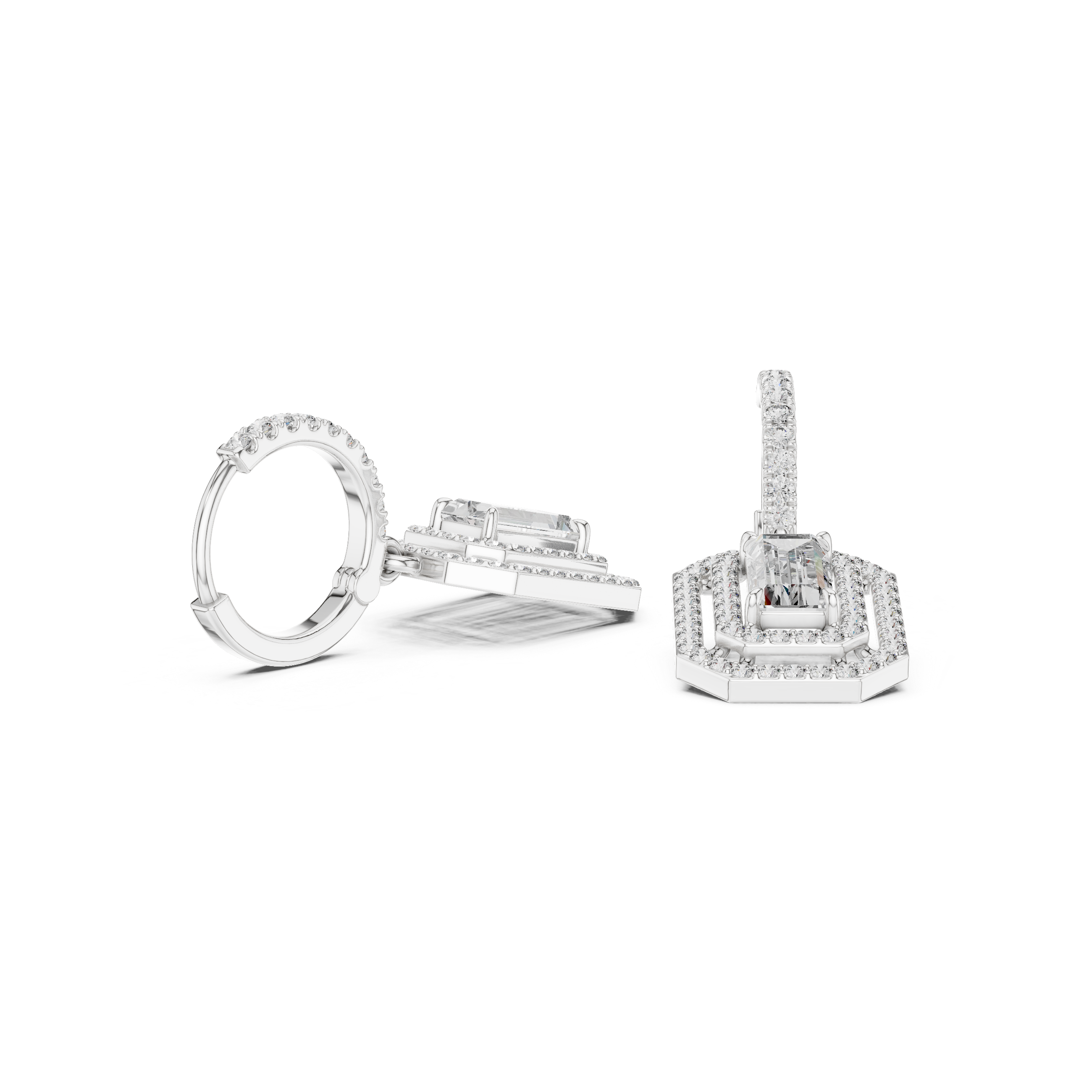 Art Deco Emerald-Cut Lab-Grown Diamond Octagon Geometric Drop Earrings in Sterling Silver