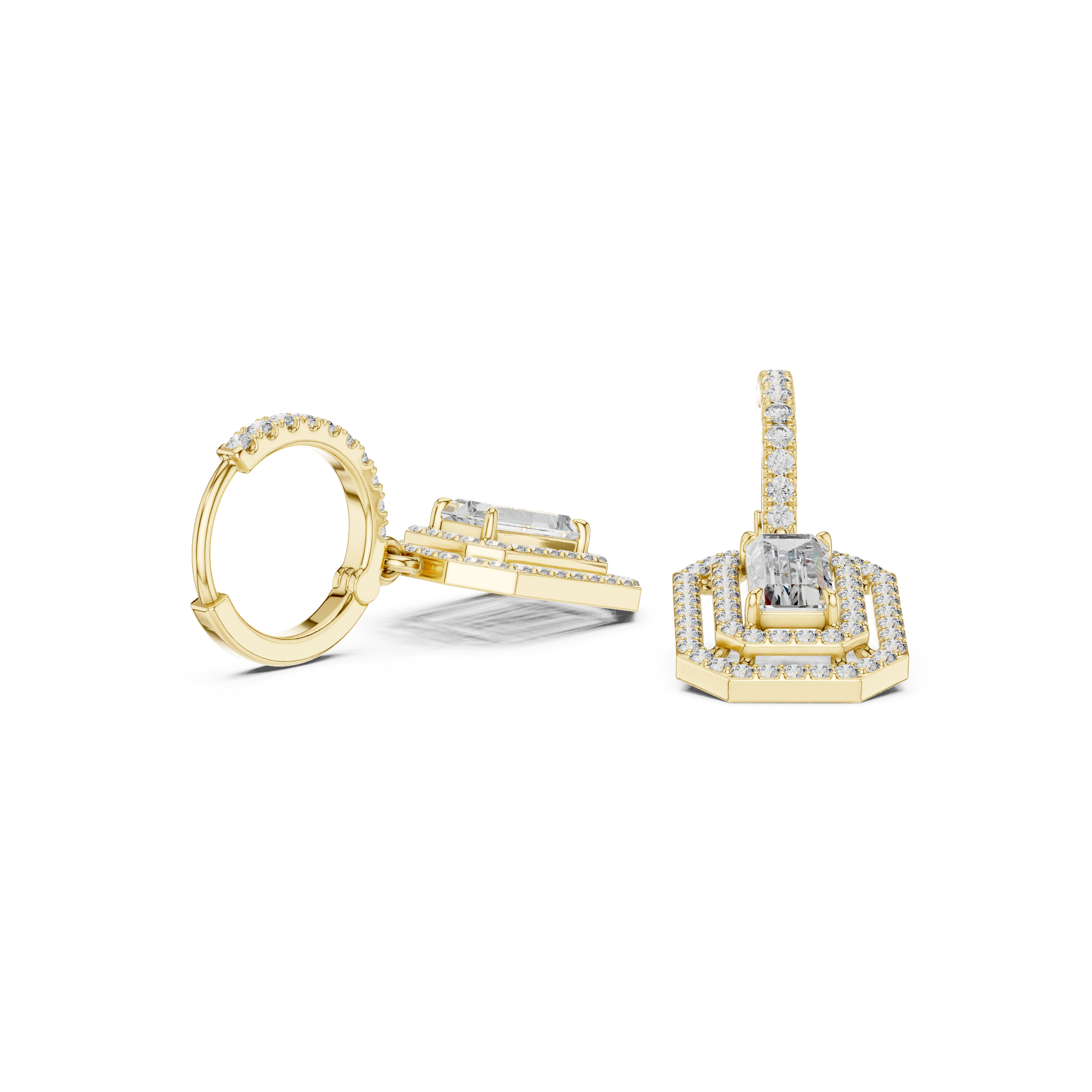 Art Deco Emerald-Cut Lab-Grown Diamond Octagon Geometric Drop Earrings in Sterling Silver