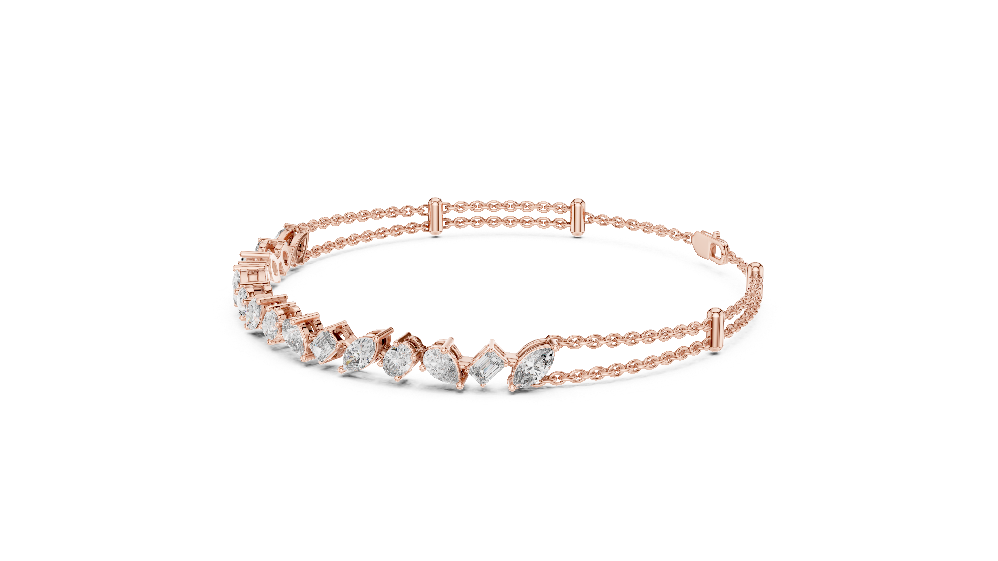 Asymmetrical Multi-Shape Lab-Grown Diamond Double Chain Bracelet in Sterling Silver