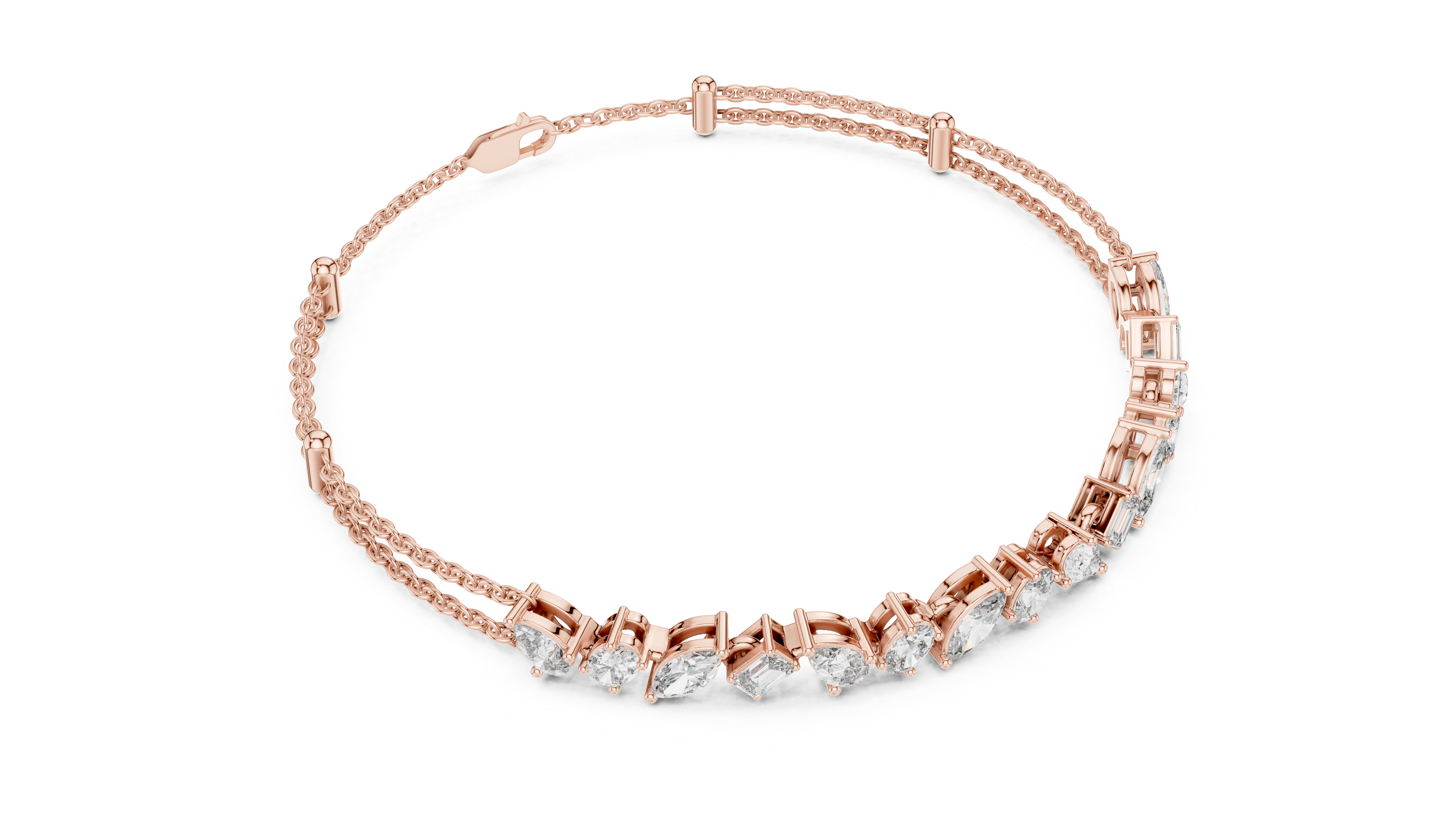 Asymmetrical Multi-Shape Lab-Grown Diamond Double Chain Bracelet in Sterling Silver