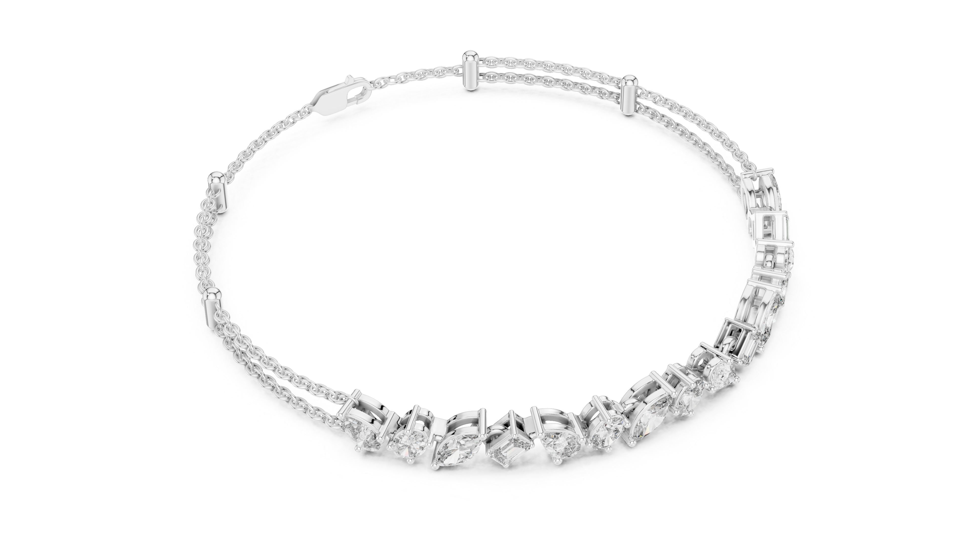 Asymmetrical Multi-Shape Lab-Grown Diamond Double Chain Bracelet in Sterling Silver