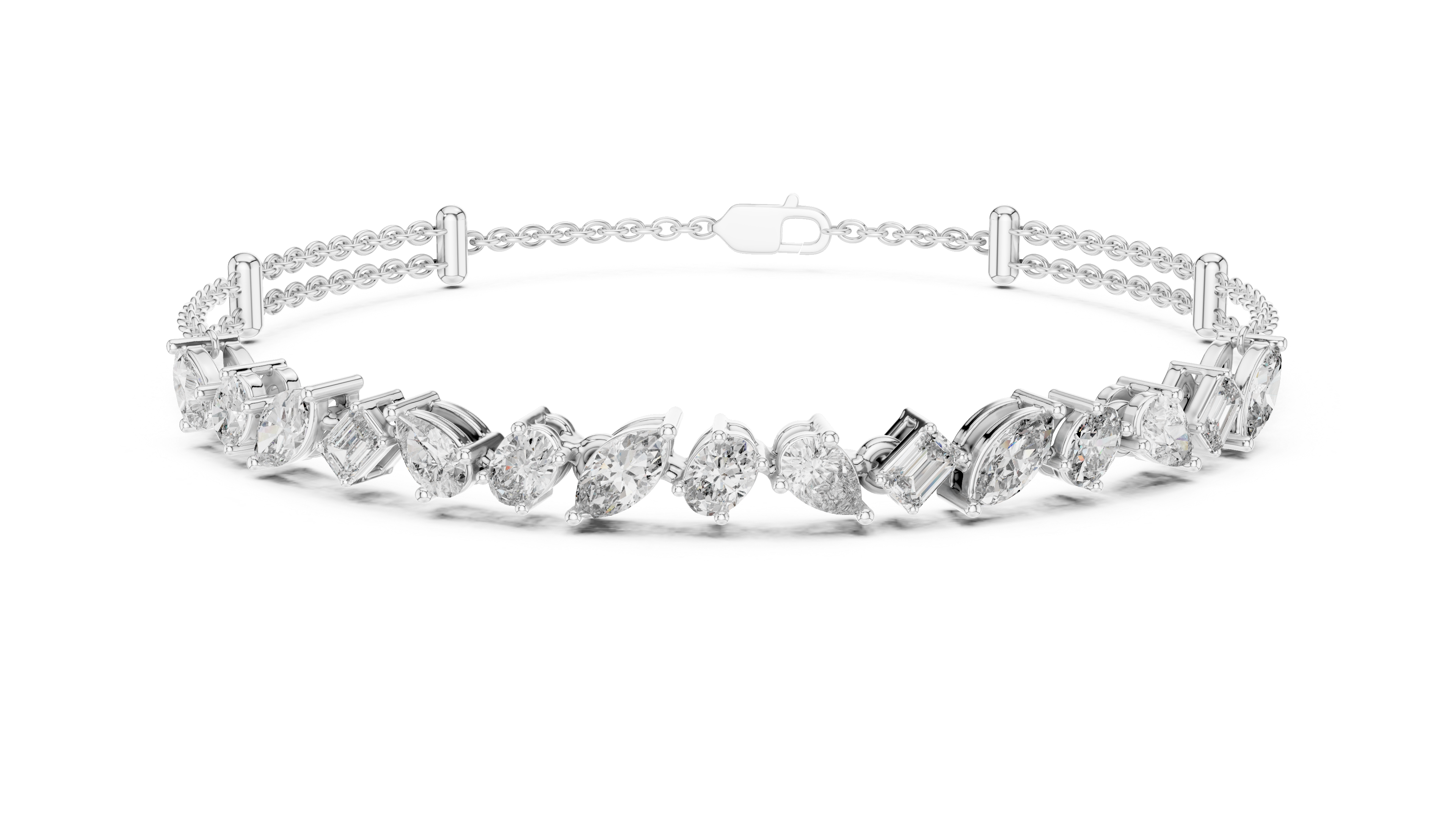 Asymmetrical Multi-Shape Lab-Grown Diamond Double Chain Bracelet in Sterling Silver