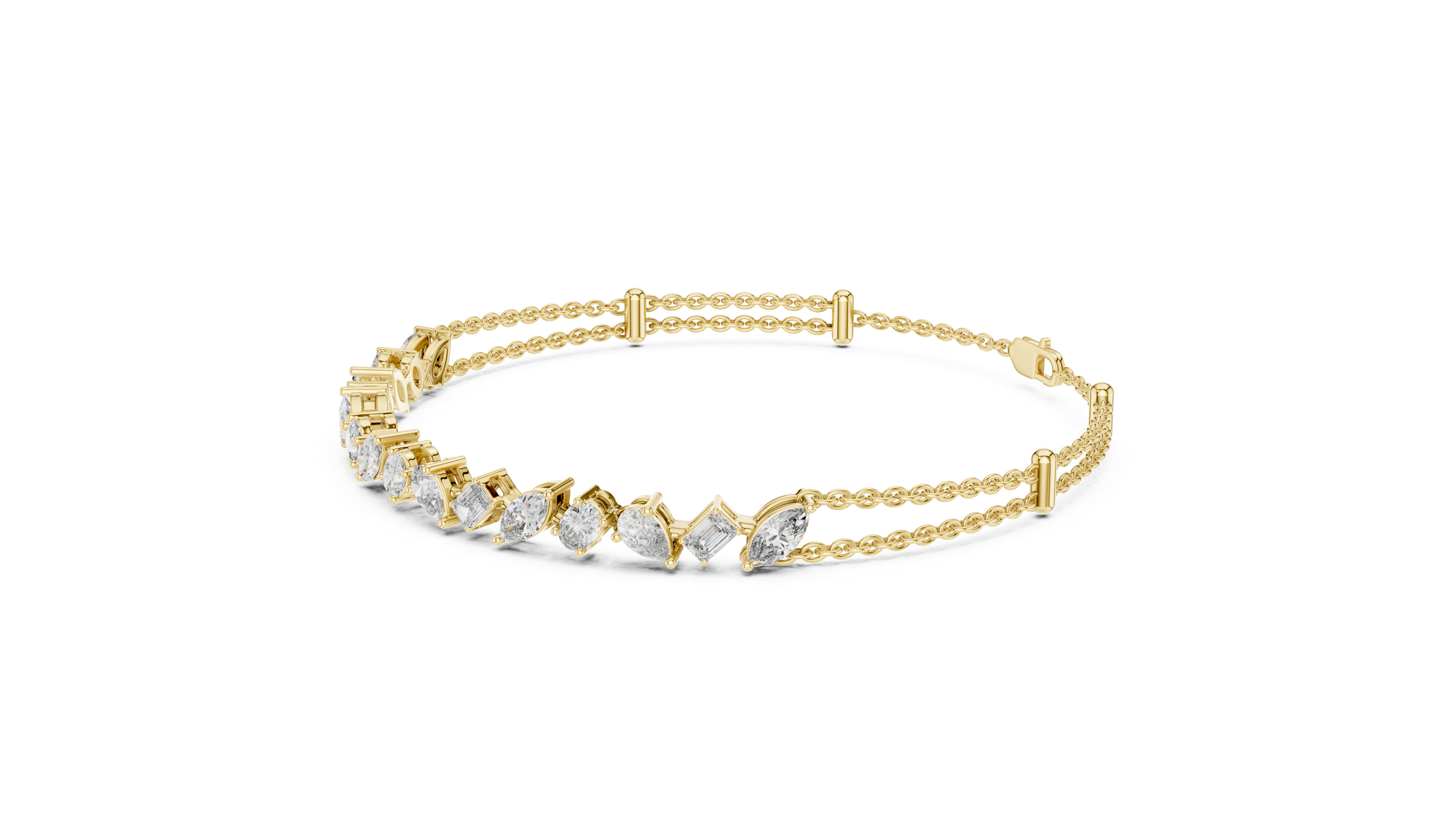 Asymmetrical Multi-Shape Lab-Grown Diamond Double Chain Bracelet in Sterling Silver