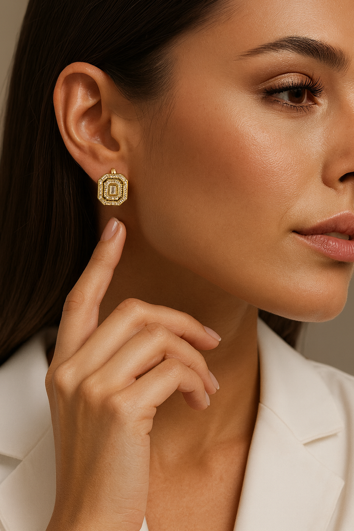 Emerald-Cut Lab-Grown Diamond Double Halo Studs in Sterling Silver