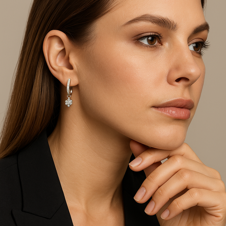 Eternal Bloom: Lab-Grown Diamond Quatrefoil Silver Huggie Hoops