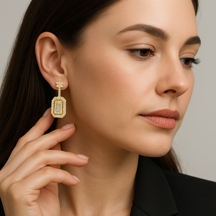 Emerald-Cut Lab-Grown Diamond Halo Drop Earrings in Sterling Silver