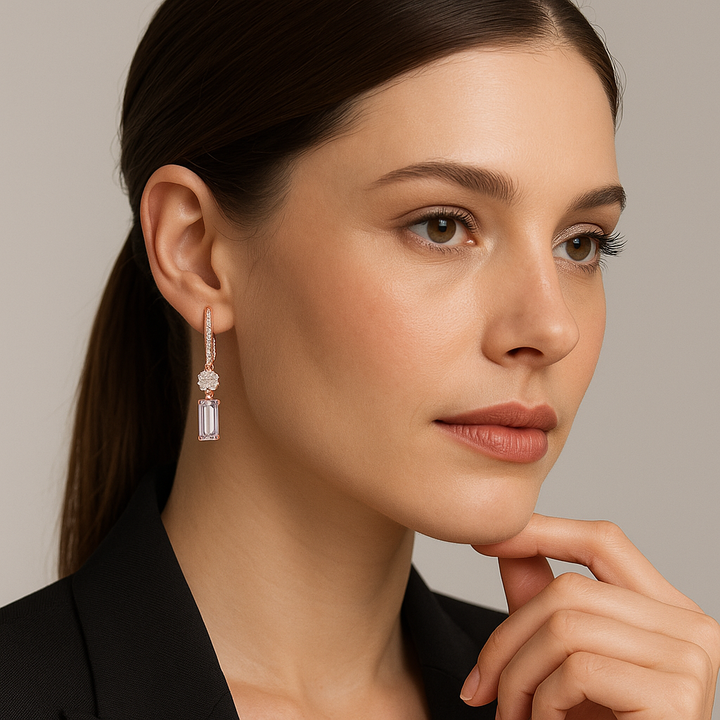 Emerald & Round Lab-Grown Diamond Drop Hoop Earrings in Sterling Silver