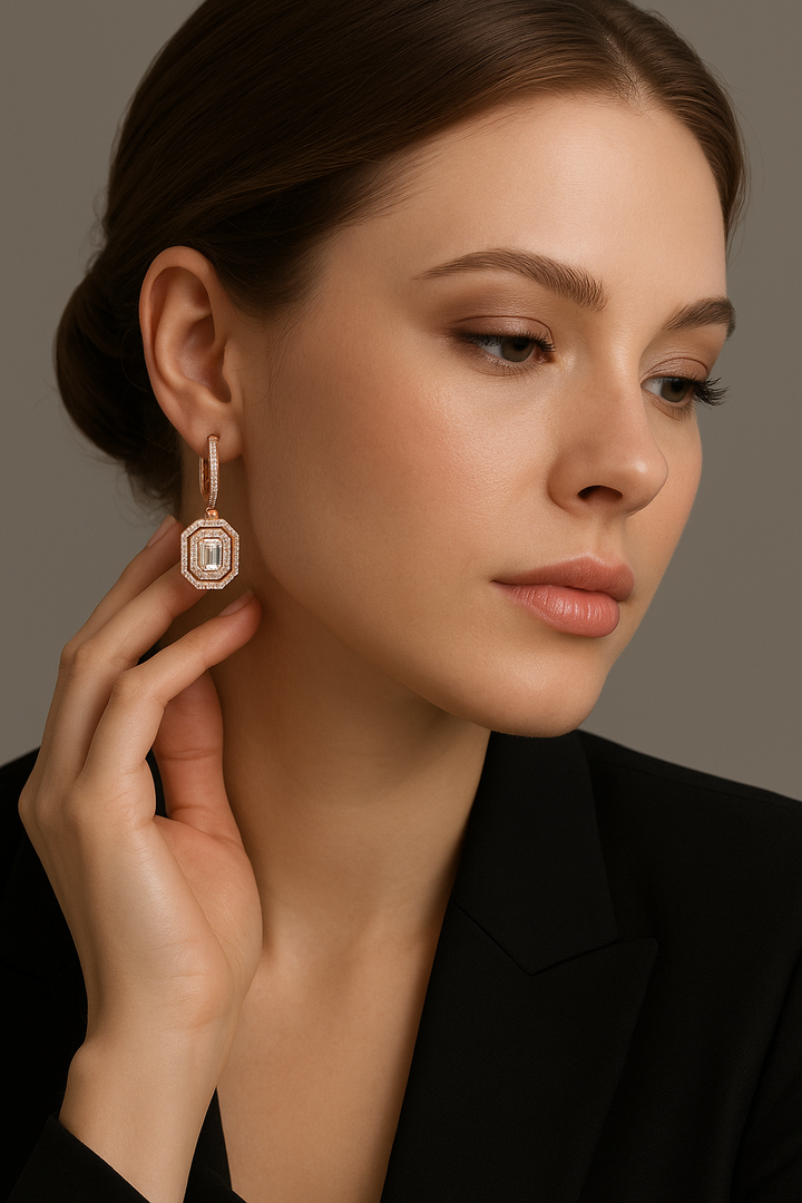 Art Deco Emerald-Cut Lab-Grown Diamond Octagon Geometric Drop Earrings in Sterling Silver