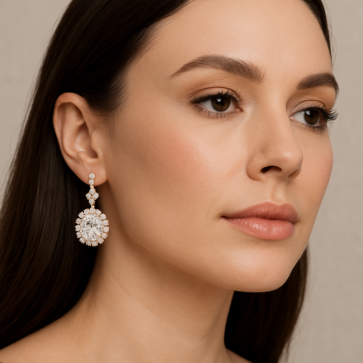 Aurora Oval Lab-Grown Diamond Halo Drop Earrings in Sterling Silver