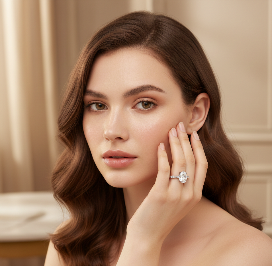 Oval Cut Lab-Grown Diamond Marquise Side-Stone Ring in Sterling Silver